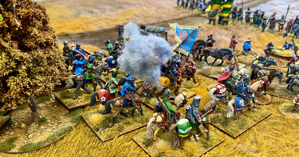Ambush! Polish cossack cavalry break from the wood edge, where they have been in hiding, and fall on to the baggage trayne.  Only the a few trayne guard are there to defend the precious wagons.  