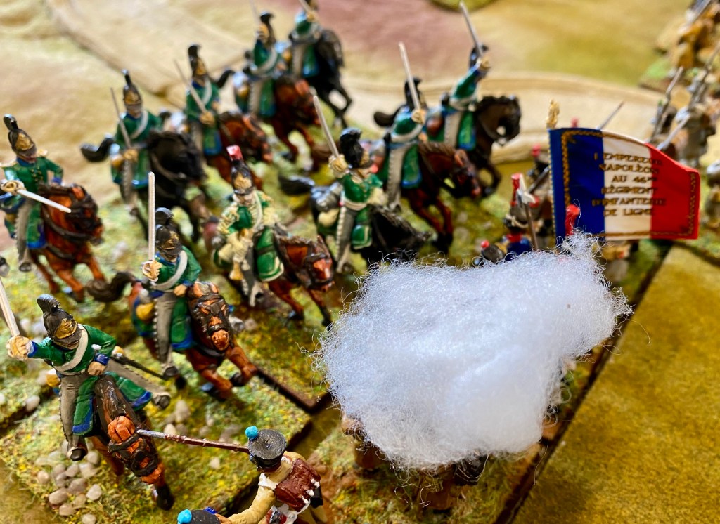 Oh dear! French rearguard infantry caught disordered by Russian dragoons.