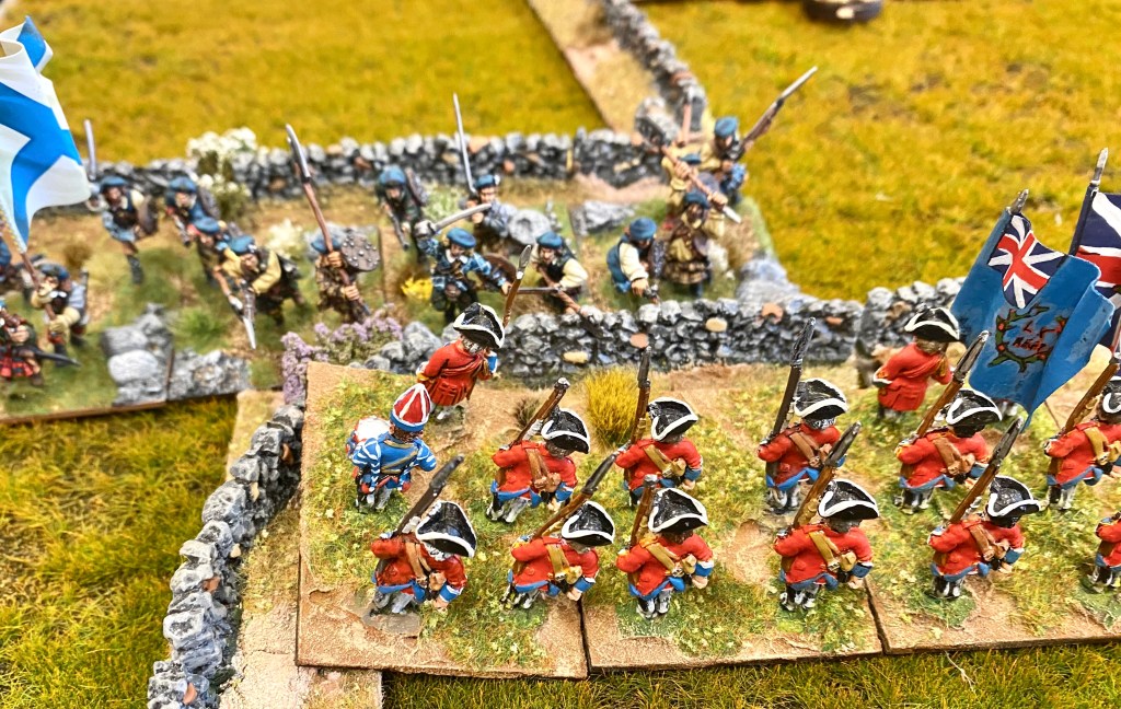 After quickly disposing of the Campbells, the Men of Atholl use the stone walls to good effect to further press the Hanoverian left. 