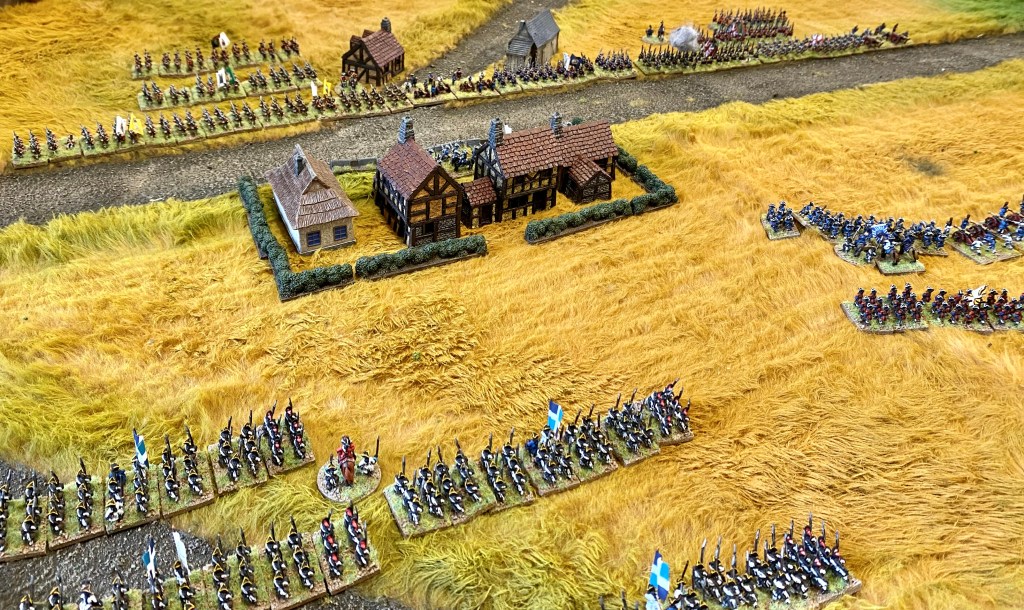 The Allies advance swiftly but the French manage to invest the village in the centre that will form the core of their defence. 