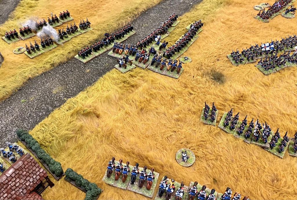 A last desperate, heroic charge by the French Cavalry cuts in to the Allied centre to buy some time for their hard pressed infantry. 
