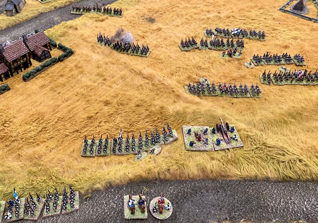 The French cavalry despatched, the Allies close in on their objective held by a few French infantry and a heavy battery of guns.
 